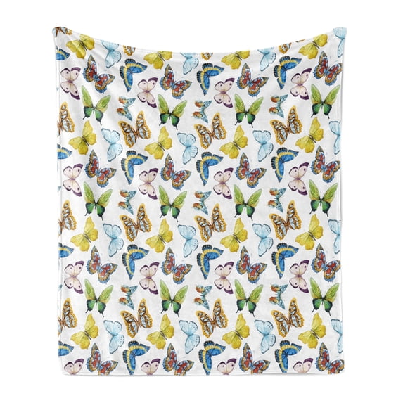 Butterfly Soft Flannel Fleece Throw Blanket, Colorful Watercolor Animals with Numerous Different Designs and Elements, Cozy Plush for Indoor and Outdoor Use, 70" x 90", Multicolor, by Ambesonne