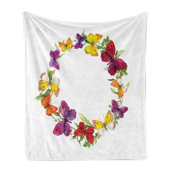 Butterfly Soft Flannel Fleece Throw Blanket, Butterfly Corolla with Herbs Nature Protection from Fear Morph Path Image, Cozy Plush for Indoor and Outdoor Use, 60" x 80", Multicolor, by Ambesonne