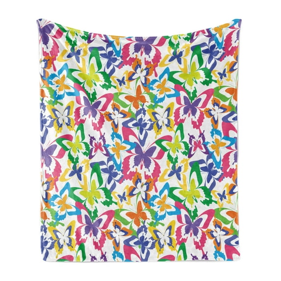 Butterfly Soft Flannel Fleece Throw Blanket, Different Sized Butterfly Silhouettes Sense of Change Movement Lifestyle Art, Cozy Plush for Indoor and Outdoor Use, 70" x 90", Multicolor, by Ambesonne