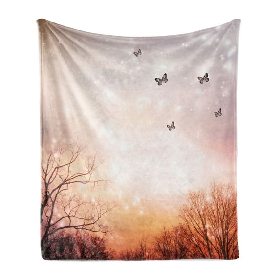 Butterfly Soft Flannel Fleece Throw Blanket, Dreamy Butterflies over Trees Romantic Fantasy Blurry Sky Design, Cozy Plush for Indoor and Outdoor Use, 60" x 80", Baby Pink Orange, by Ambesonne