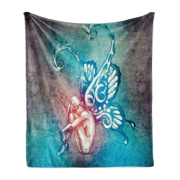 Butterfly Soft Flannel Fleece Throw Blanket, Fairy with Butterfly Wings Renewal Female Rebirth Psyche Lightness of Being, Cozy Plush for Indoor and Outdoor Use, 50" x 60", Blue Purple, by Ambesonne