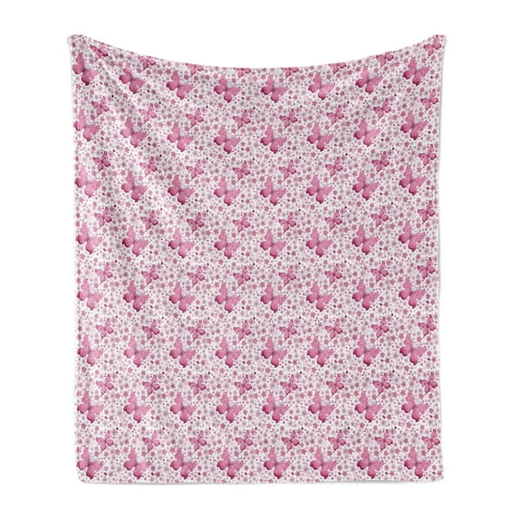 Butterfly Soft Flannel Fleece Throw Blanket, Floral Arrangement and Hearts Background Animals with Vibrant Colors, Cozy Plush for Indoor and Outdoor Use, 50" x 70", Pale Pink White, by Ambesonne