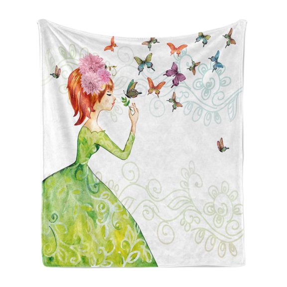 Butterfly Soft Flannel Fleece Throw Blanket, Floral Lady in Green Dress Leaf Ornaments Flower Pastel Winged Bug, Cozy Plush for Indoor and Outdoor Use, 50" x 70", Pink Orange Green, by Ambesonne