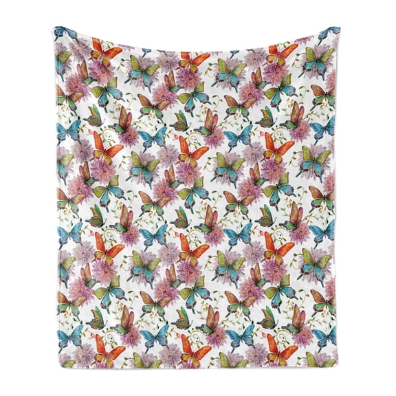 Butterfly Soft Flannel Fleece Throw Blanket, Flying Butterflies with Floral Elements Vivid Color Palette Wildflowers Retro, Cozy Plush for Indoor and Outdoor Use, 50" x 70", Multicolor, by Ambesonne