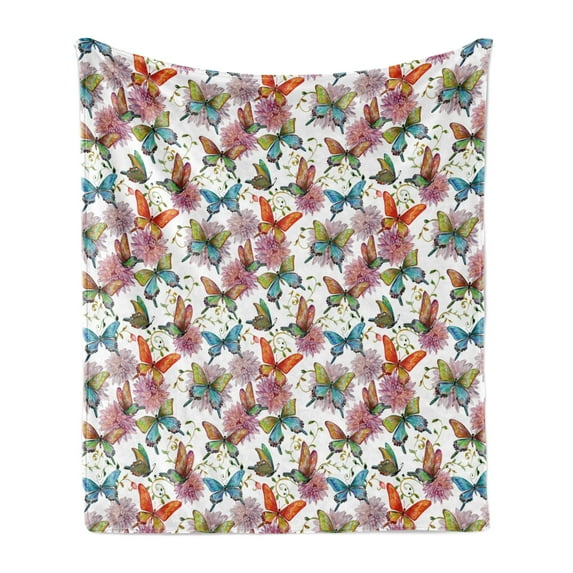 Butterfly Soft Flannel Fleece Throw Blanket, Flying Butterflies with Floral Elements Vivid Color Palette Wildflowers Retro, Cozy Plush for Indoor and Outdoor Use, 50" x 70", Multicolor, by Ambesonne