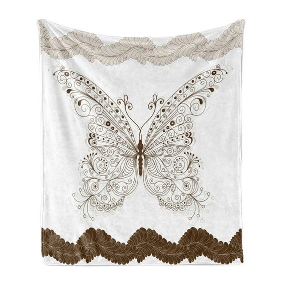 Butterfly Soft Flannel Fleece Throw Blanket, Insect Artwork Swirled Wings Vintage Modern Ornate Fashion Style Print, Cozy Plush for Indoor and Outdoor Use, 50" x 60", White Brown Grey, by Ambesonne