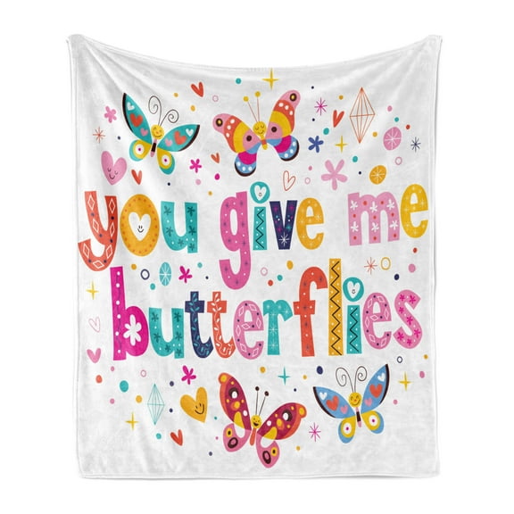 Butterfly Soft Flannel Fleece Throw Blanket, Love Words Hearts Happy Butterflies Flowers Romantic Cartoon Style Print, Cozy Plush for Indoor and Outdoor Use, 50" x 60", Multicolor, by Ambesonne