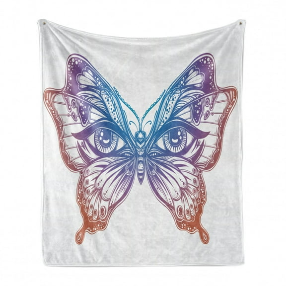 Butterfly Soft Flannel Fleece Throw Blanket, Madam Butterfly Wings with Human Eyes Retro Tattoo Freedom Theme Nature, Cozy Plush for Indoor and Outdoor Use, 70" x 90", Multicolor, by Ambesonne