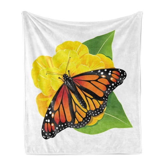 Butterfly Soft Flannel Fleece Throw Blanket, Monarch Breed Moth Insect Flower Leaves, Cozy Plush for Indoor and Outdoor Use, 50" x 60", Yellow Green Orange, by Ambesonne