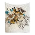 thumbnail image 1 of Butterfly Soft Flannel Fleece Throw Blanket, Monarch Butterflies Vintage Damask Inspired Design, Cozy Plush for Indoor and Outdoor Use, 60" x 80", Pale Brown Sky Blue, by Ambesonne, 1 of 5