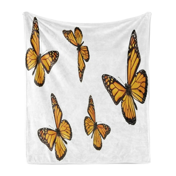 Butterfly Soft Flannel Fleece Throw Blanket, Monarch Moth Delicate Creature with Wings on Plain Backdrop, Cozy Plush for Indoor and Outdoor Use, 50" x 60", Earth Yellow Orange, by Ambesonne