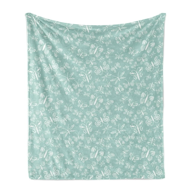 Butterfly Soft Flannel Fleece Throw Blanket, Monochrome Style of Various Flying Insects Botanical Elements, Cozy Plush for Indoor and Outdoor Use, 50" x 60", Pale Seafoam and White, by Ambesonne