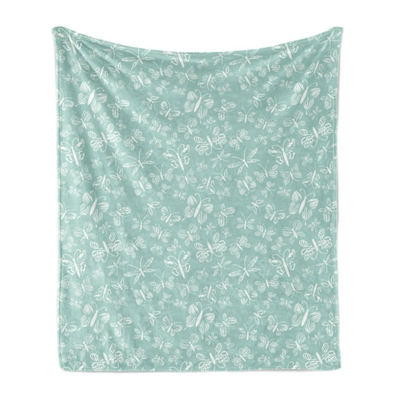 Butterfly Soft Flannel Fleece Throw Blanket, Monochrome Style of Various Flying Insects Botanical Elements, Cozy Plush for Indoor and Outdoor Use, 70" x 90", Pale Seafoam and White, by Ambesonne