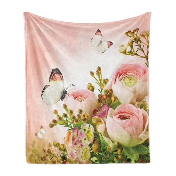 Butterfly Soft Flannel Fleece Throw Blanket, Pastel Colored Blossoming Roses with Spring Season Insects Romantic Feminine, Cozy Plush for Indoor and Outdoor Use, 60" x 80", Multicolor, by Ambesonne