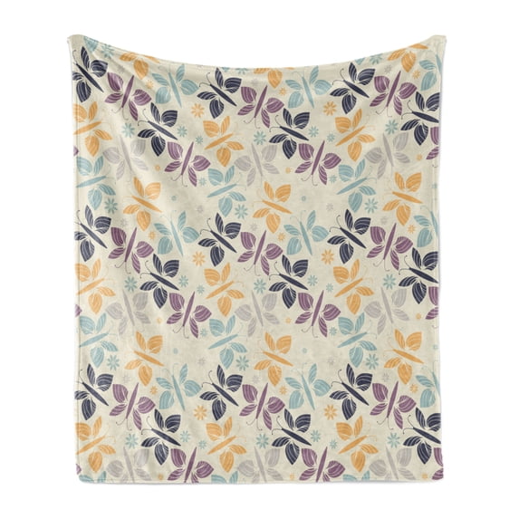Butterfly Soft Flannel Fleece Throw Blanket, Pastel Colored Spring Time Inspired Pattern Butterfly Silhouettes and Blossoms, Cozy Plush for Indoor and Outdoor Use, 60" x 80", Multicolor, by Ambesonne