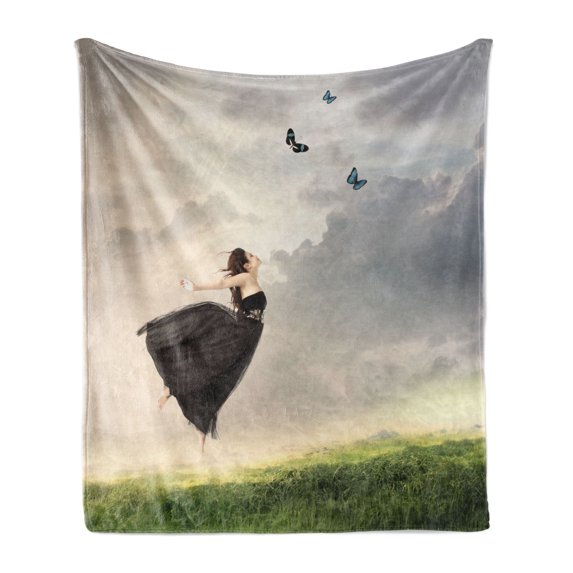 Butterfly Soft Flannel Fleece Throw Blanket, Poetry Bleak Weather Day Tulle Dress Jumping Girl with Butterflies, Cozy Plush for Indoor and Outdoor Use, 50" x 60", Olive Green Pale Grey, by Ambesonne