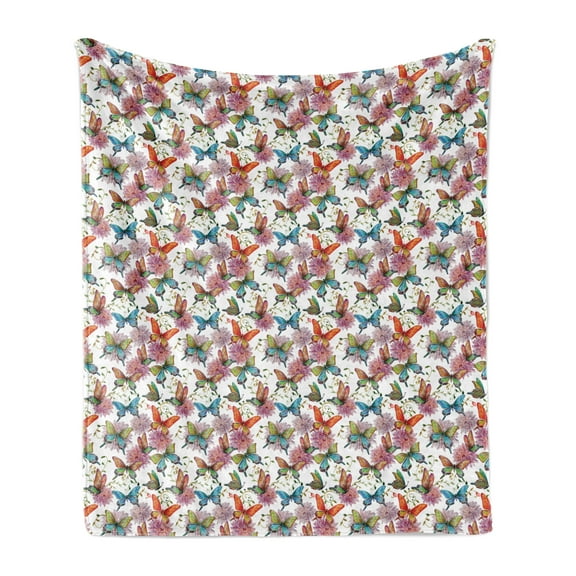 Butterfly Soft Flannel Fleece Throw Blanket, Retro Style Swallowtail Wings Ornate Spring Season Blooming Flowers Background, Cozy Plush for Indoor and Outdoor Use, 60" x 80", Multicolor, by Ambesonne