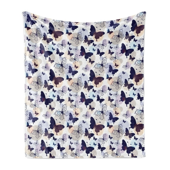 Butterfly Soft Flannel Fleece Throw Blanket, Silhouettes and with Swirled Curly Wings on Pastel Color Blots, Cozy Plush for Indoor and Outdoor Use, 60" x 80", Multicolor, by Ambesonne