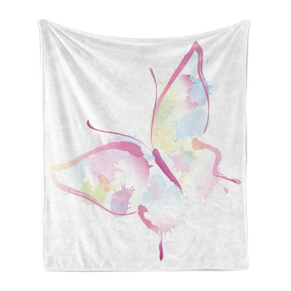 Butterfly Soft Flannel Fleece Throw Blanket, Spring Nature Inspired Watercolor Artwork Abstract Wings Color Splashes, Cozy Plush for Indoor and Outdoor Use, 50" x 60", Multicolor, by Ambesonne