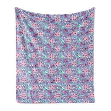 Butterfly Soft Flannel Fleece Throw Blanket, Springtime Theme Lively Colored Ornate in Squares with Leaves, Cozy Plush for Indoor and Outdoor Use, 50" x 60", Multicolor, by Ambesonne