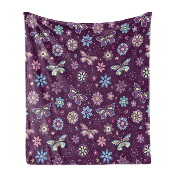 Butterfly Soft Flannel Fleece Throw Blanket, Vortex Shapes Polka Dots Background Flower Pattern Colorful Animal Design, Cozy Plush for Indoor and Outdoor Use, 60" x 80", Multicolor, by Ambesonne