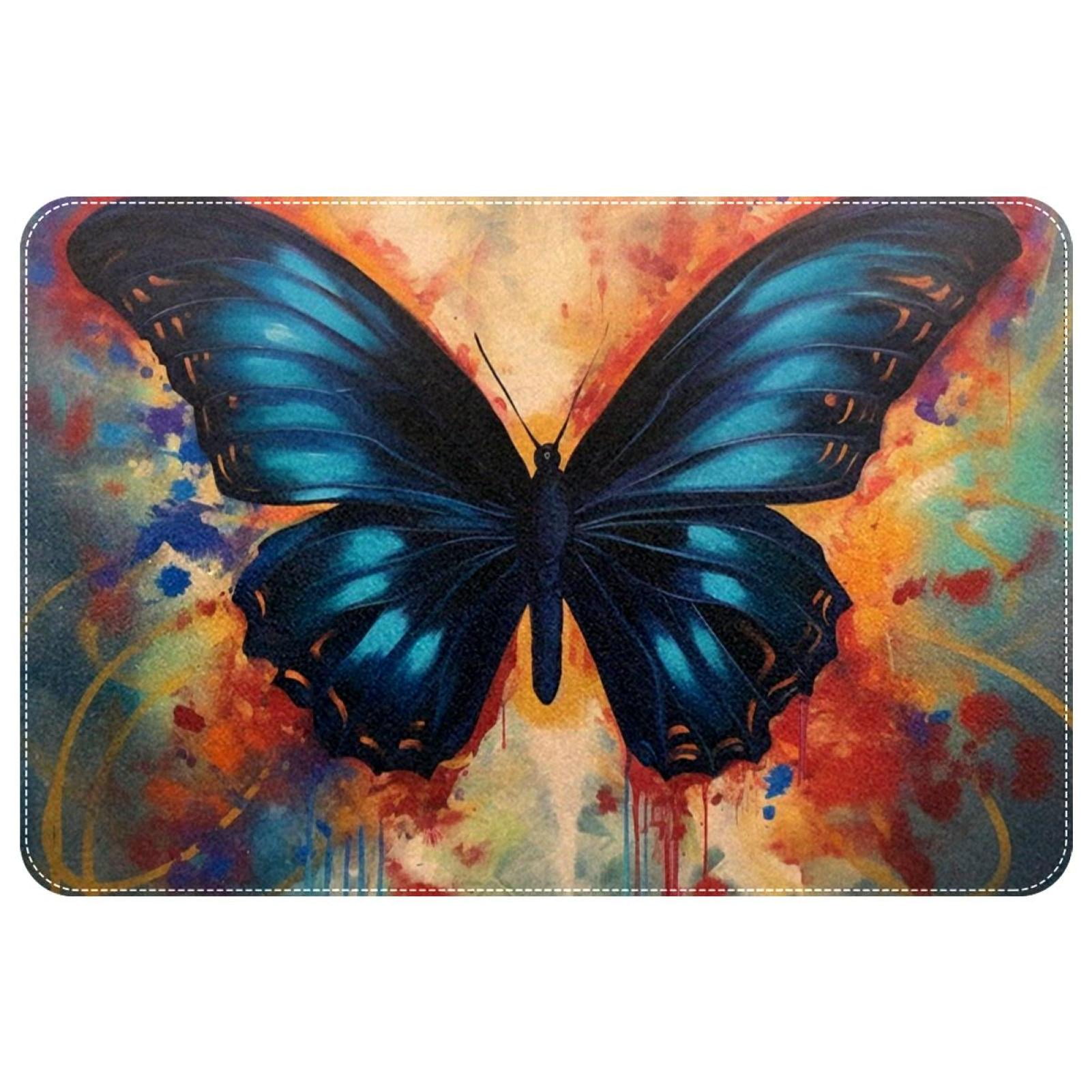 Black Pink Butterfly Print Floor Mat