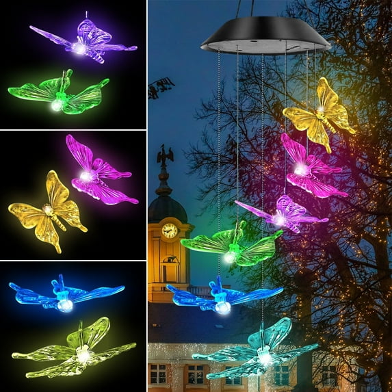 Butterfly Solar Wind Chimes, Color Changing Solar Lights, Mobile Windchimes Outdoor Garden Decor for Mothers Day Grandma Birthday Gift