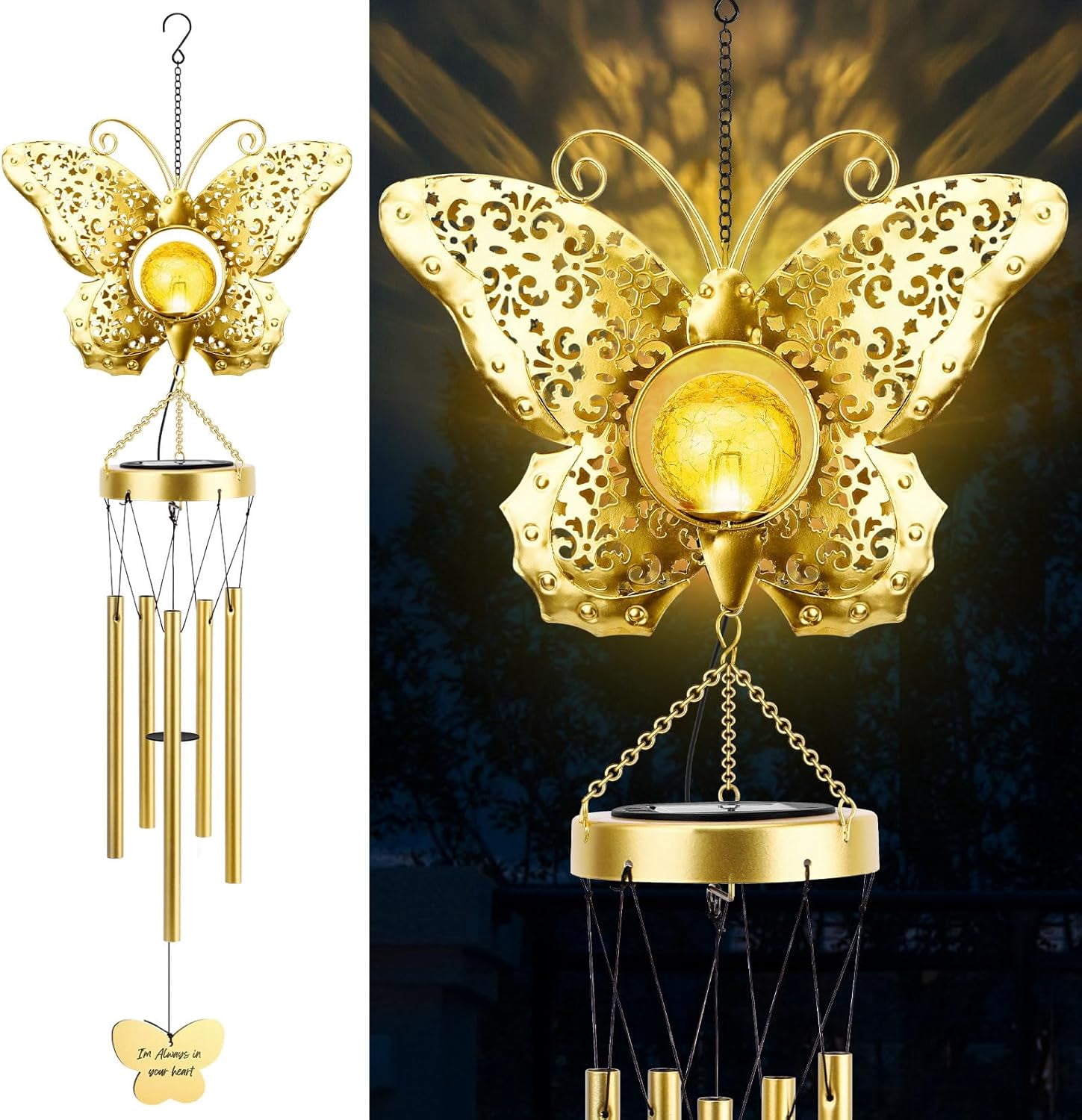 JYPS Butterfly Solar Wind Chimes with Crackle Glass Ball, 42-Inch Large Waterproof Outdoor Garden Decor for Patio Yard, Unique Gifts for Women Mom Grandma, Mother's Day Birthday Easy-Install Design