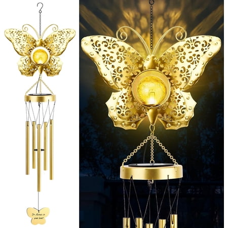 JYPS Butterfly Solar Wind Chimes with Crackle Glass Ball, 42-Inch Large Waterproof Outdoor Garden Decor for Patio Yard, Unique Gifts for Women Mom Grandma, Mother's Day Birthday Easy-Install Design