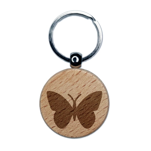 Butterfly Solid Round Keychain Charm Tag - Engraved Wood