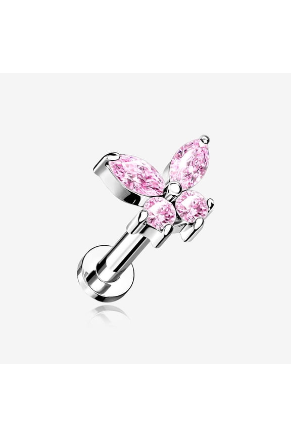 Butterfly Sparkle Prong Set Top Internally Threaded Steel Flat Back Stud Labret