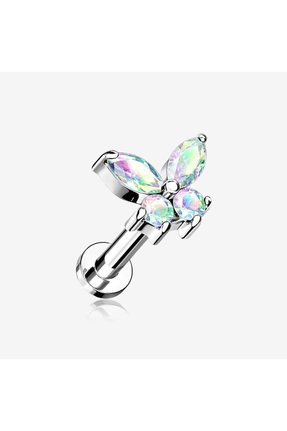 Butterfly Sparkle Prong Set Top Internally Threaded Steel Flat Back Stud Labret