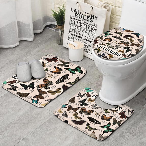 Butterfly Species Chart Bathroom Rugs Sets 3 Piece,Toilet Cover Set,Absorbent Non Slip Bathroom Mats Sets with U-Shaped Contour Rug Toilet Rug Set