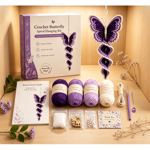 Butterfly Spiral Hanging Crochet Kit Full DIY Craft Supplies for Christmas Handmade Ornament Comes with Yarn Tools and Detailed Guide (Butterfly)