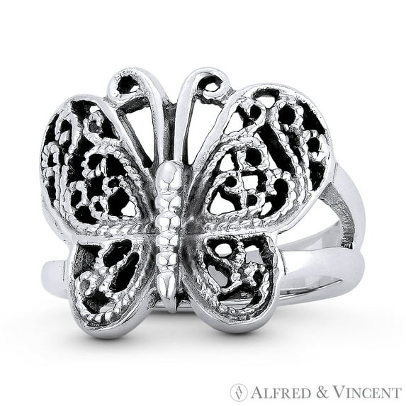 Butterfly Spirit Animal Charm Rebirth & Resurrection Totem Ring in Oxidized .925 Sterling Silver