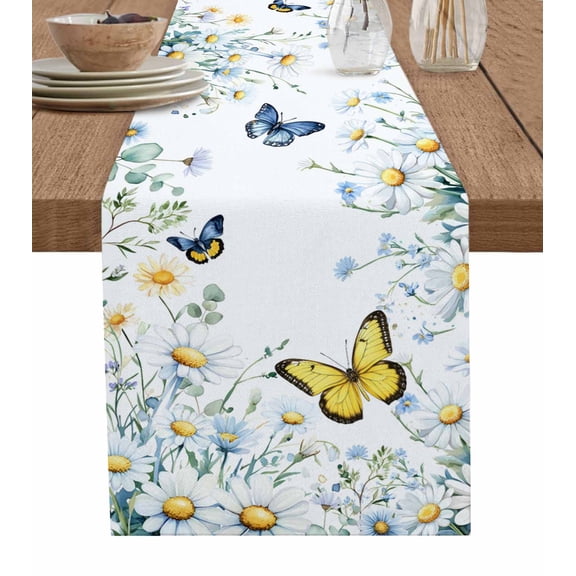 Butterfly Spring Floral Table Runner Cotton Linen 36 Inch Holiday Dresser Scarves, Daisy Flowers Botanical Country Tablerunner for Kitchen Coffee Dining Bedroom Dinner Scarf Décor 13''x36''