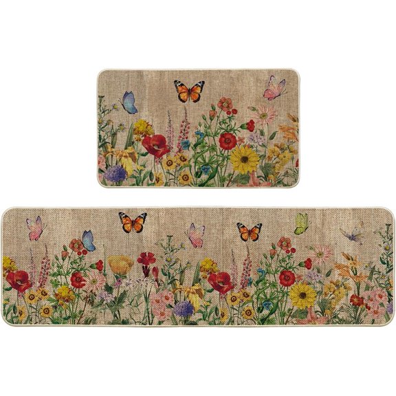 Butterfly Spring Kitchen Mats Set of 2, Seasonal  Decor Leaves Low-Profile Kitchen Rugs for Floor - 17x29 and 17x59 Inch