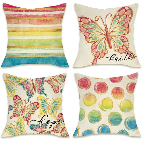 Butterfly Spring Summer Decorative Throw Pillow Covers 18 x 18 Set of 4, Colorful Stripes Polka Dots Porch Patio Outdoor Pillowcase, Hope Faith Rainbow Seasonal Cushion Case Home Decor