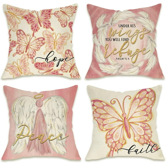 Butterfly Spring Summer Decorative Throw Pillow Covers 18 x 18 Set of 4, Peace Angel Feather Wings Pink Porch Patio Outdoor Pillowcase, Hope Faith Easter Seasonal Cushion Case Home Decor