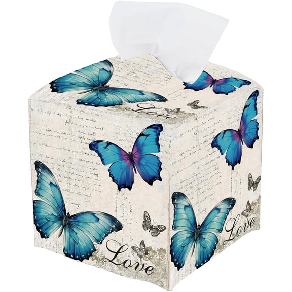 Butterfly Square Tissue Box Cover Leather Tissue Box Holder Blue Butterfly Waterproof Facial Paper Organizer Dispenser