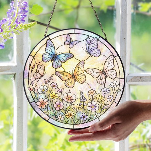 Butterfly Stained Glass Suncatcher, Floral Window Hanging, Pastel Garden Suncatcher, Boho Home Decor, Spring Window Art Gift