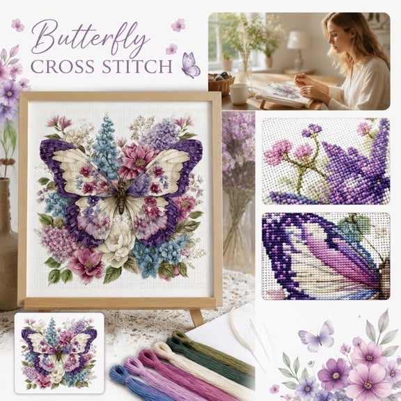 Butterfly Stamped Cross Stitch Kits for Adults, Flowers 11CT Needlepoint Counted Cross Stitch Kits for Beginner, Printed Dimensions Embroidery Kit Art Craft for Home Wall Decor Gift