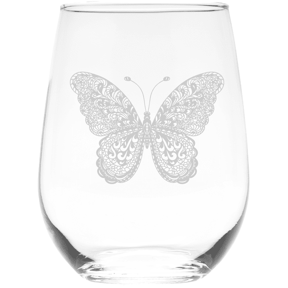 C&M Personal Gifts 17 oz Butterfly Stemless Wine Glass (Style B2)