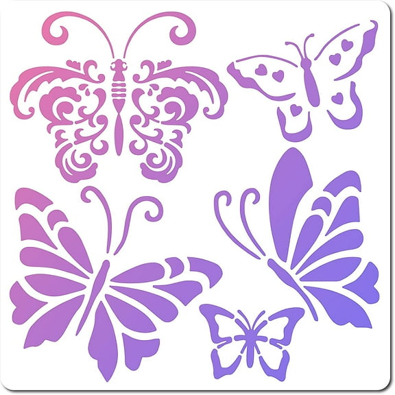 Butterfly Stencil Templates 5 Styles Butterfly Pattern 30x30cm Large Reusable Plastic Square Stencils Sign for Painting on Wood Wall Scrapbook Card Floor Drawing DIY Decor Crafts Mixed Color