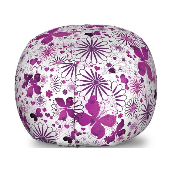 Butterfly Storage Toy Bag Chair, Flora and Fauna Image with Contrast Colors Hand Drawn Natural Pattern Vintage, Stuffed Animal Organizer Washable Bag, Large Size, Purple White, by Ambesonne