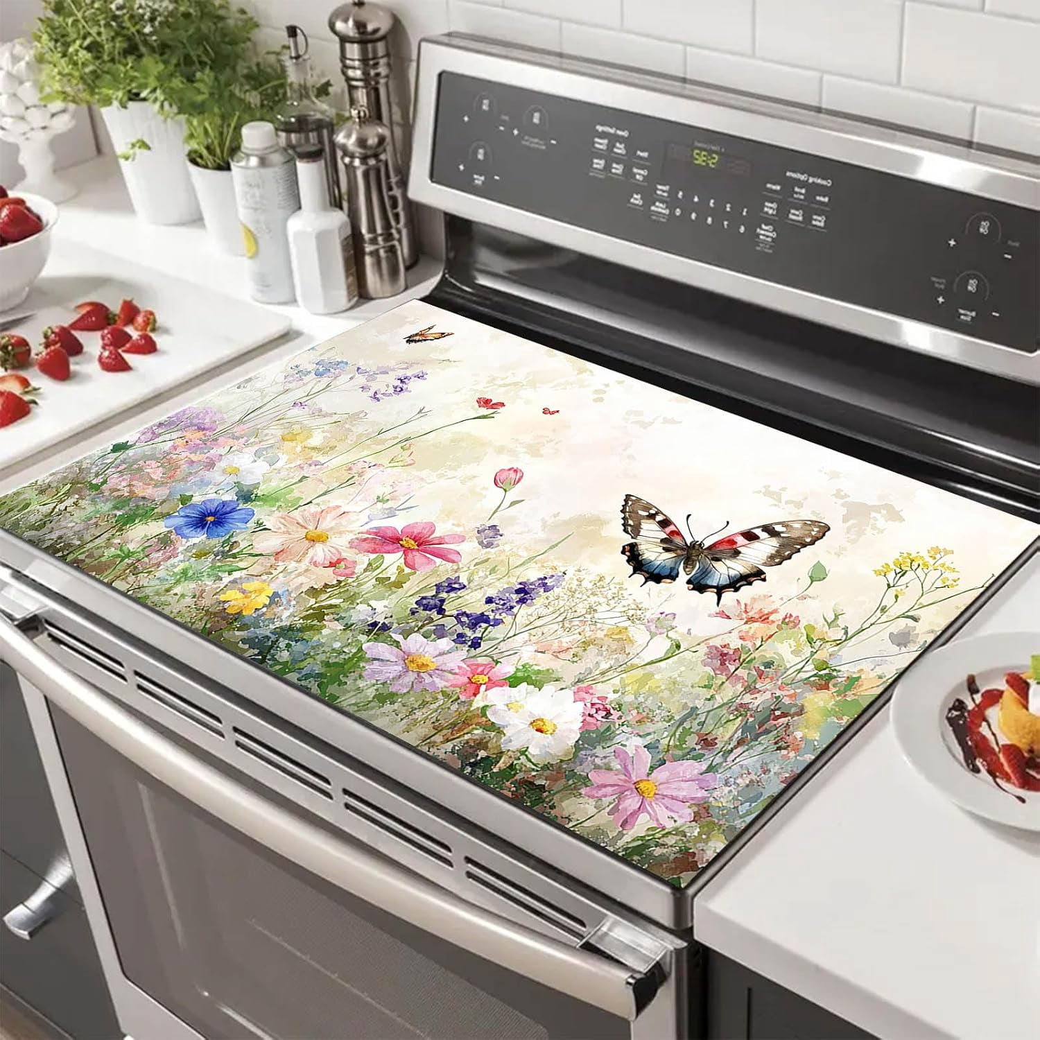 Butterfly Stove Top Cover for Electric 28x20 Inch Diatomite Floral Kitchen Decor Glass Cooktop Protector Heat Resistant Countertop Mat with Wildflower Meadow Design