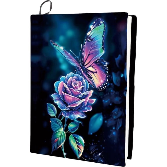 Butterfly Stretchable Book Cover Rose Flower Washable Reusable Large Nylon Book Protector Elastic Notebook Wraps Suitable for Hardcover Books Classroom Students