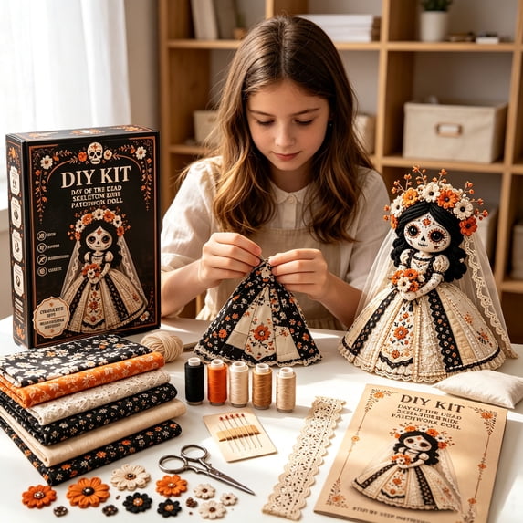 Butterfly Sugar Skull Patchwork Doll DIY Sewing Kit, Complete Fabric Embroidery Craft Set with All Supplies for Adult Handmade Day of The Dead Decor Gift 20cm