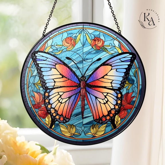 Butterfly Suncatcher, Glass-Effect Round Window Hanging, Blue