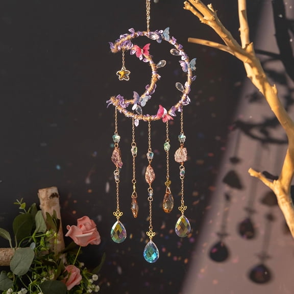 Butterfly Suncatchers Crystal Moon Suncatcher Crystal Wind Chimes Rainbow Maker Prisms Sun Catcher Wall hangings for Indoor Window Garden Outdoor Decor Nice Gift for Woman, Girl